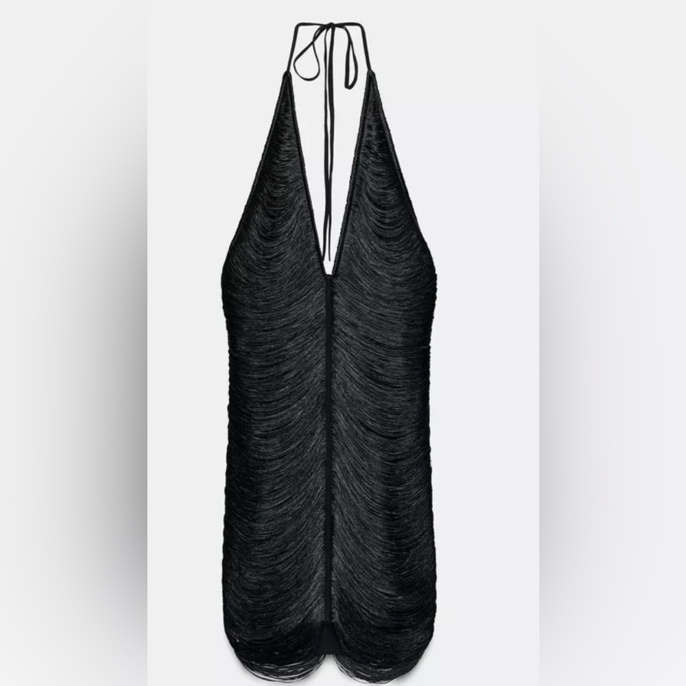 Zara Short fringed halter Black Halter Dress